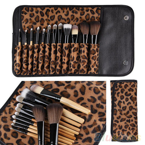 12 PCS Pro Makeup Brush Set Cosmetic Tool Leopard Bag Beauty Brushes